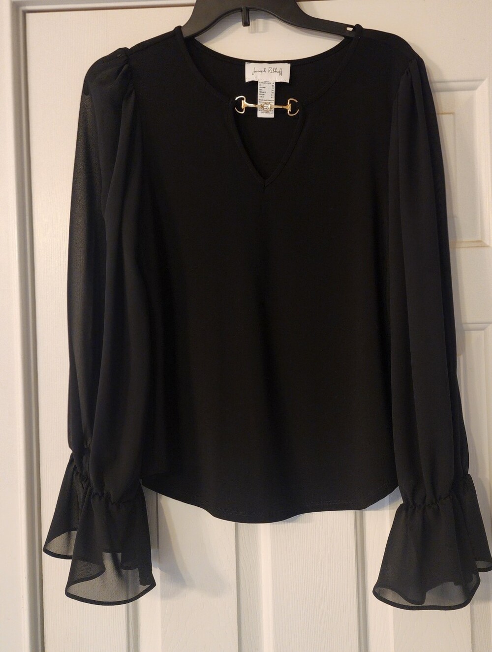 Joseph Ribkoff Black Sheer-Sleeve V-Neck Blouse with Gold Equine Accent
